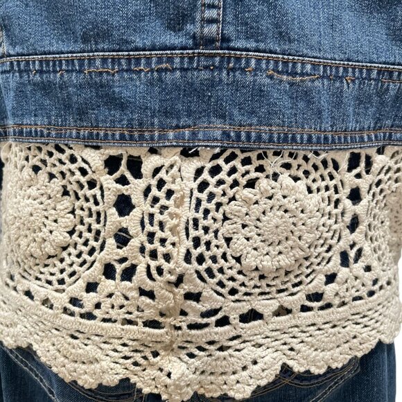 Upcycled Denim Jacket Boho Lace Crochet Hem Vintage Western Y2K Cottage Trendy - Picture 3 of 7